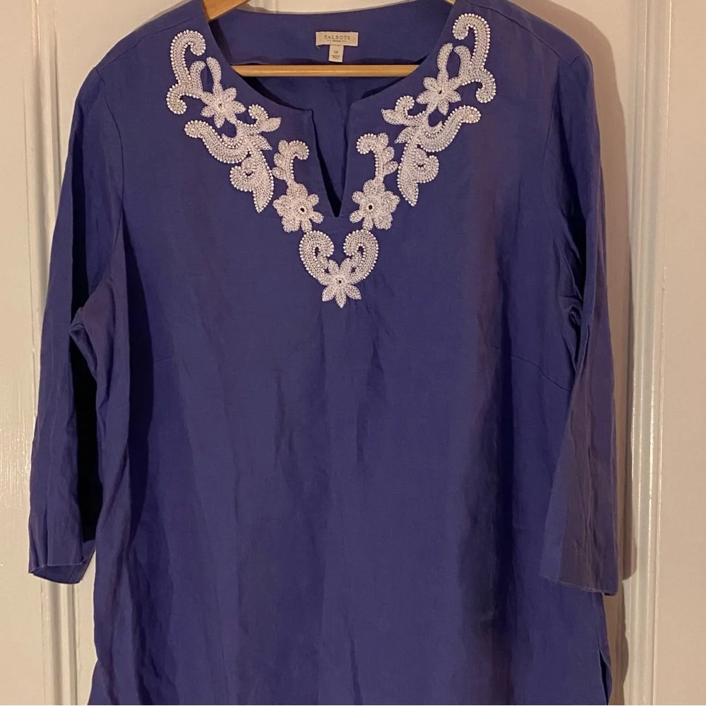 Talbots blouse womens 1X embroidered 100% linen Purple Top summer resort elegant - Picture 2 of 8